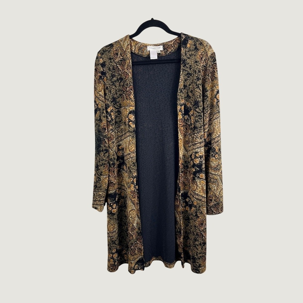 Coldwater Creek Cardigan Women M Black Gold Paisley Duster Open Front Sweater
